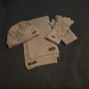 Coach Sparkle Beige Knit Scarf, beanie and gloves set